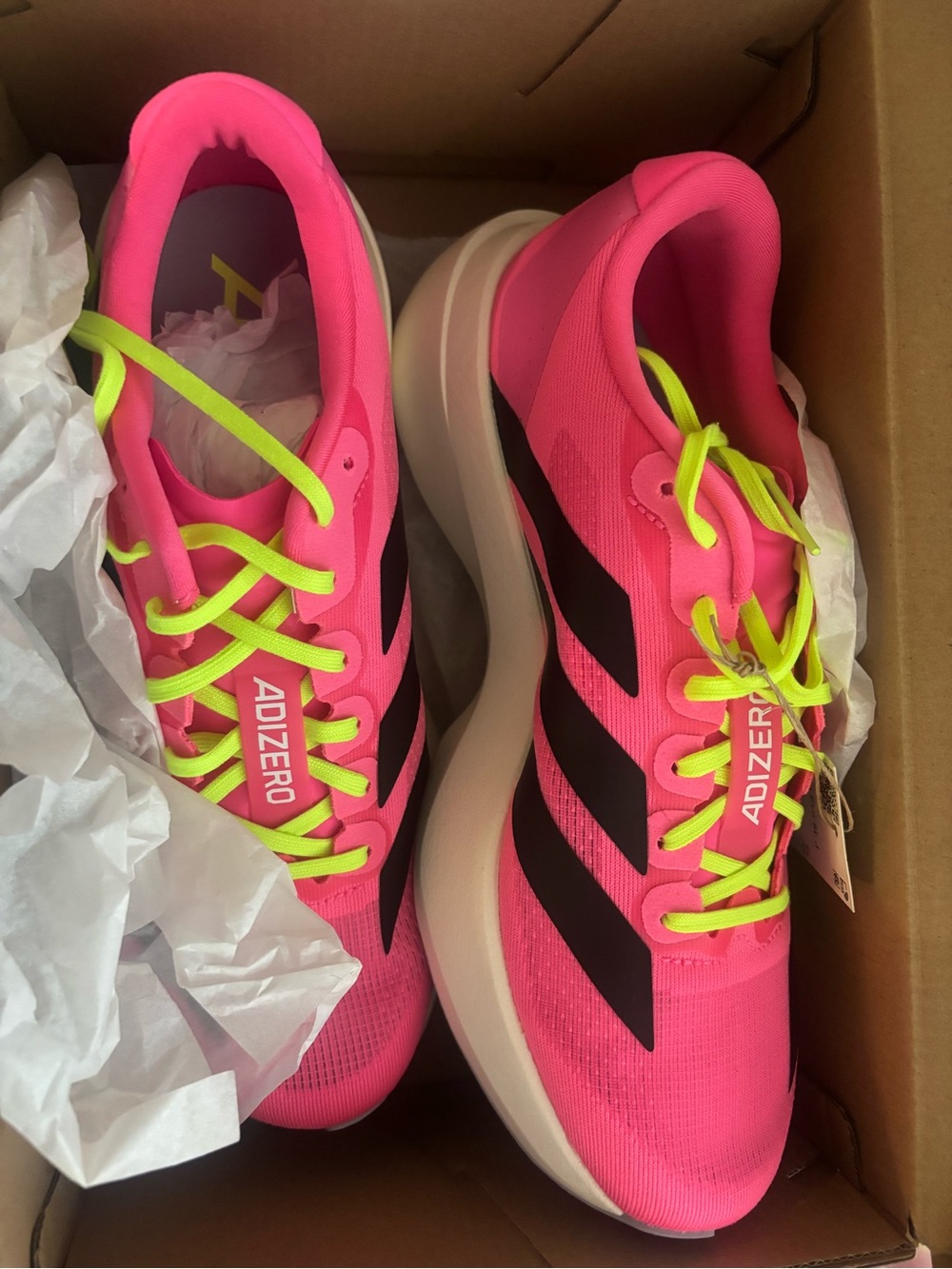adidas Adizero Women's Hot Pink Running Shoes with Neon Yellow Laces